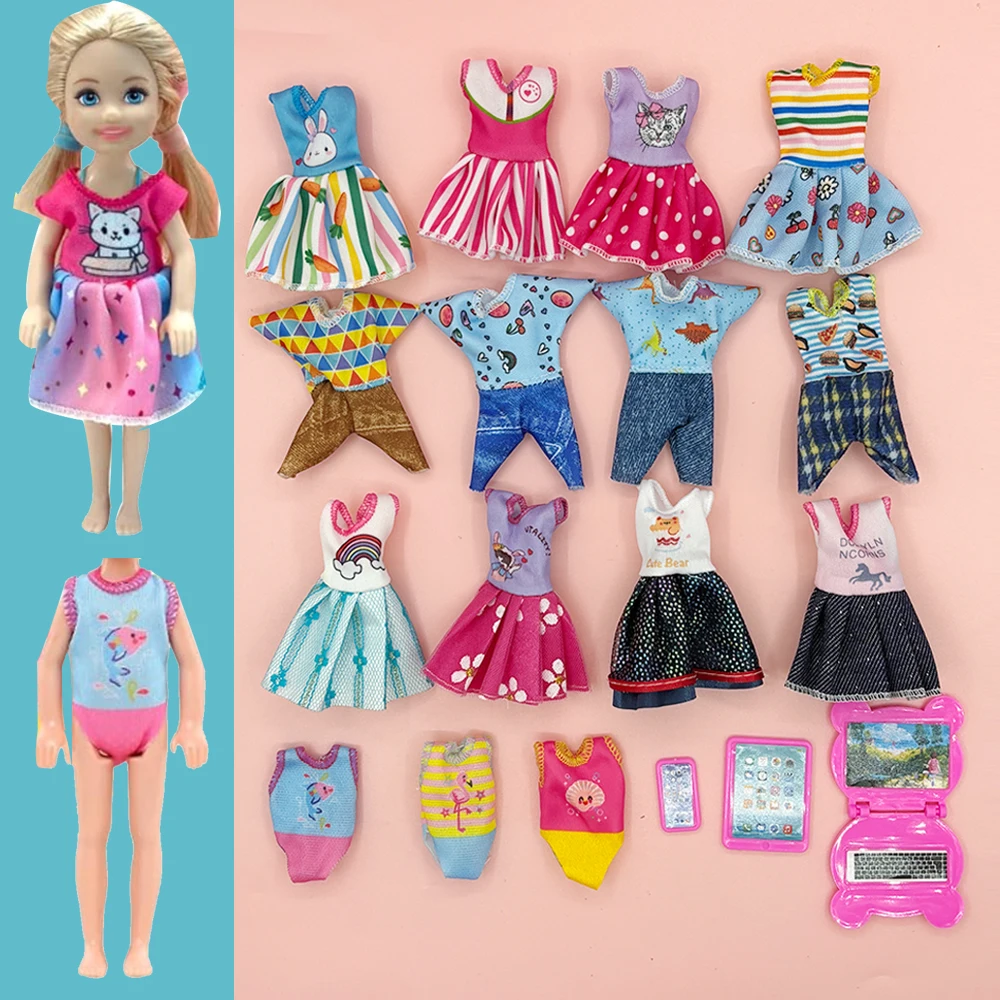 18Pcs Doll Clothes and Accessories for 5.3''/13cm Dolls 8 Fashion Dresses 4 Casual Jumpsuits 3 Swimsuits 3 Mini Laptop Items