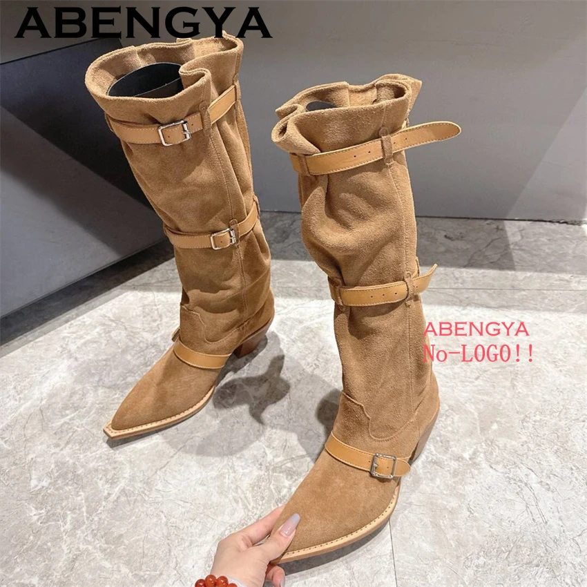2025 Autumn New Suede Leather Knee-High Boots Women Pointed Toe Chunky Heels Long Boots Fashion Belt Buckle Knight Botas Mujer