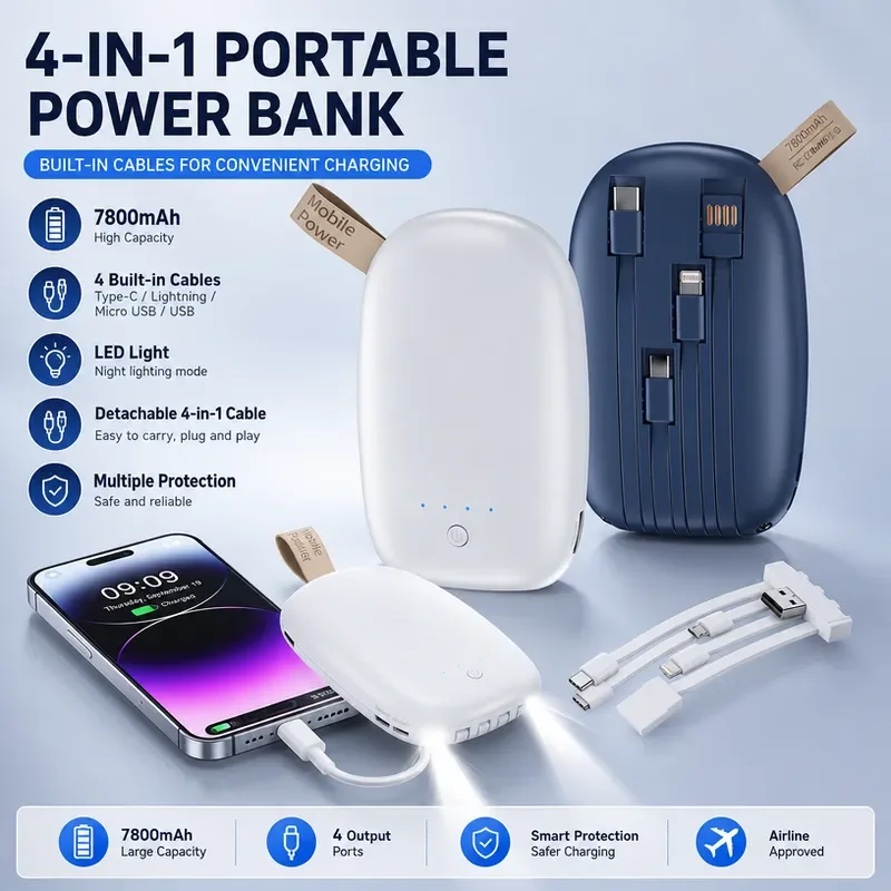 New Model Portable Power Bank with Detachable Four Wire Pebble Lanyard Light and Compact Design for Mobile Phone Charging