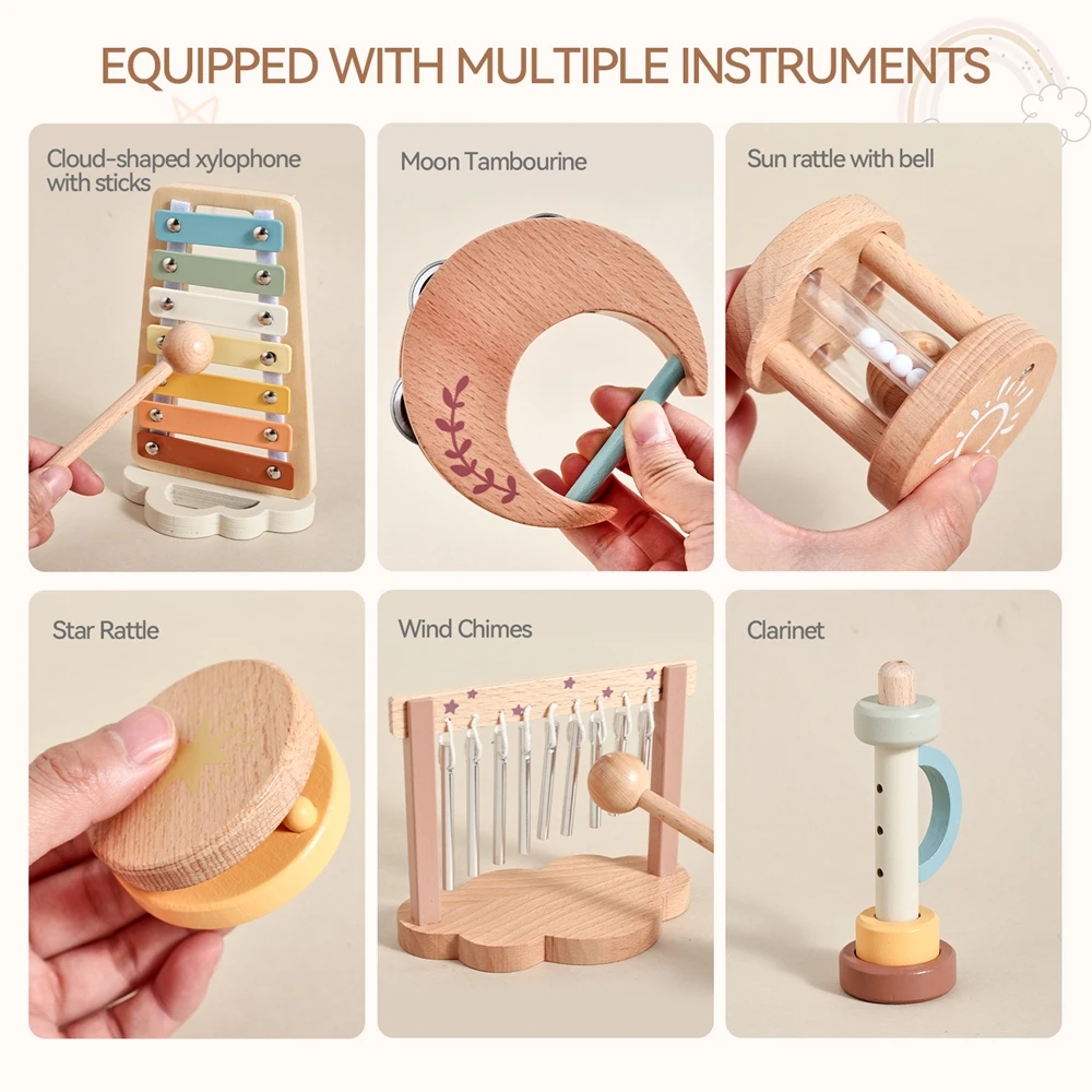 7pc Sets Music Toys for Children Music Instruments Girl Toys Wooden Cartoon Educational Instruments Children's Toys Instruments