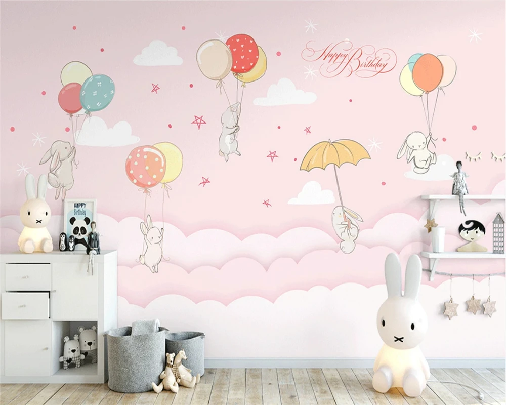 custom 3D mural hand painted Nordic cloud rabbit children room pink living room TV backdrop wall cartoon 8d wallpaper bedroom