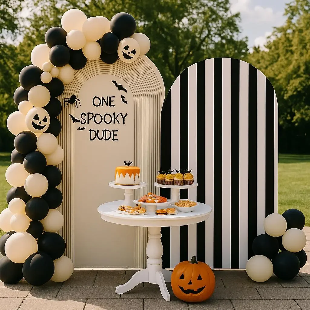 Фон для фотостудии Mocsicka One Spooky Dude: арка для детского праздника, черно-белые полосы, Хэллоуин, первый день рождения мальчика