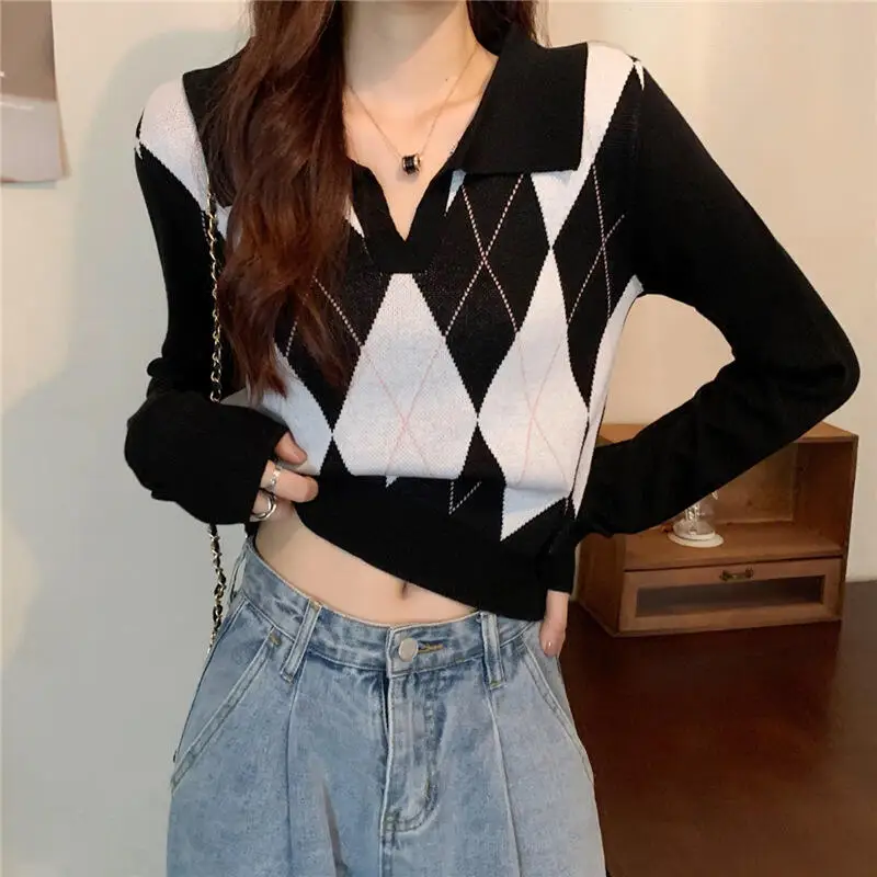 

Woman Clothing Y2K Kawaii Warm Argyle Polo Collar Knit Sweater Tops Long Sleeve Casual Autumn Winter Ladies Soft Trendy Wear