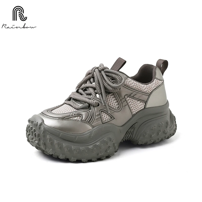 

RAINBOW 35-40 Women Genuine Leather Mixed Color Round Toe Thick Sole Chunky Sneakers Lace Up New Casual Shoes Mesh Breathable