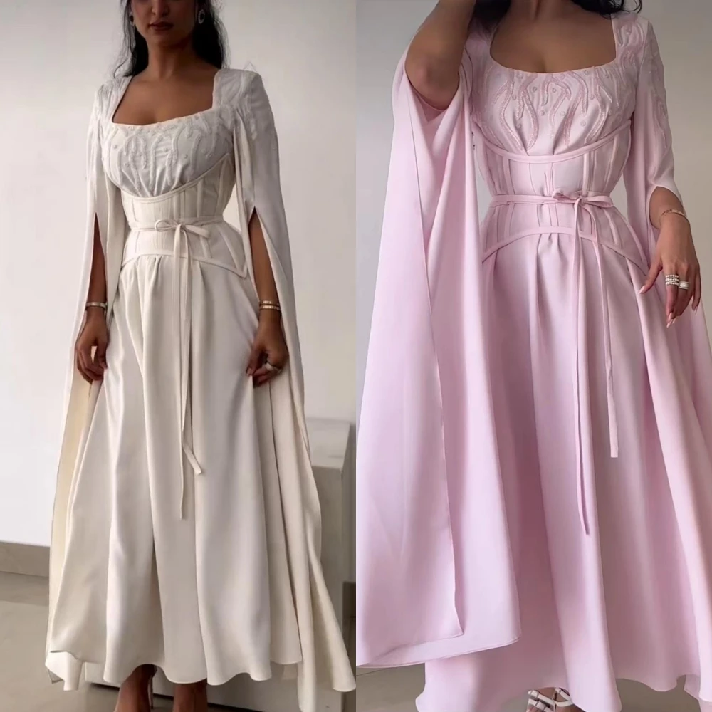 Jiayigong Prom Satén Fajas Noche formal Una línea Cuello cuadrado Vestido para ocasiones a medida Vestidos midi