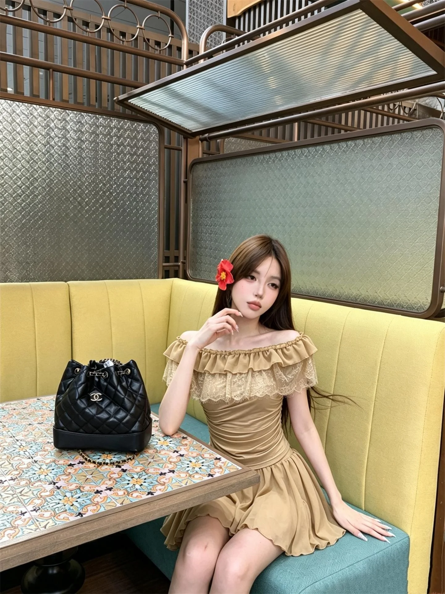 

Korean Style Fashion Set Women's Summer 2026 New Lace Splicing One Shoulder Top with Ruffle Skirt Two Piece Set Breathable