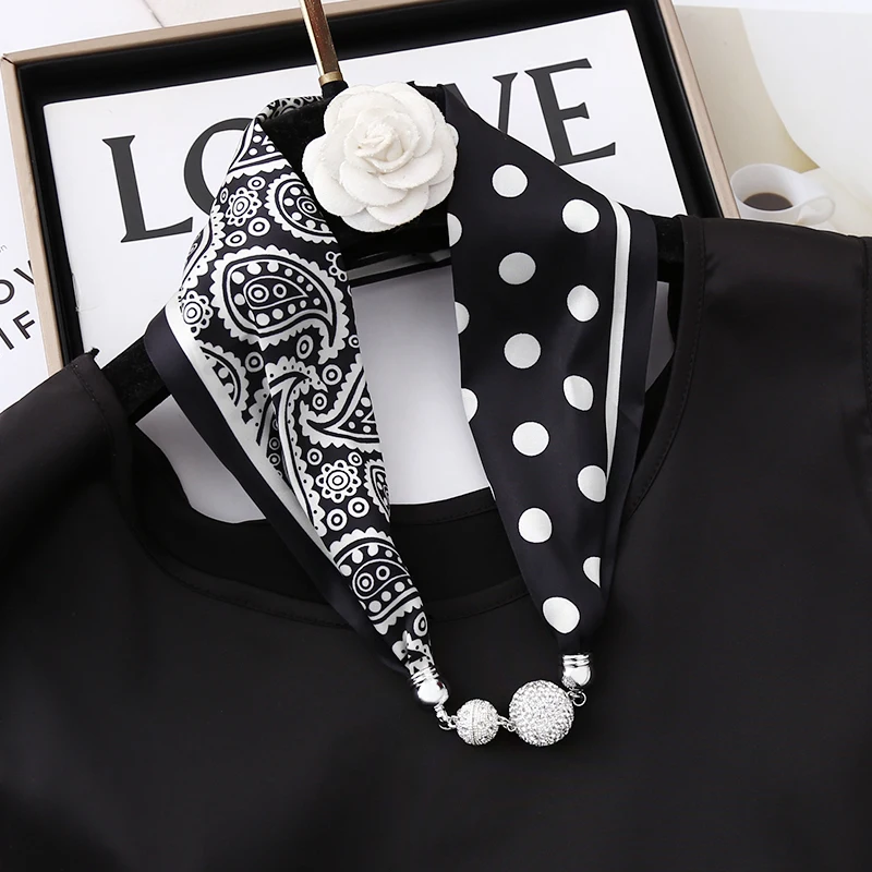 Spring Autumn Fashion Elegant Neck Decoration Rhinstones Ball Magnetic Snap Silk Scarf Letter Printed Women Small Neckerchief