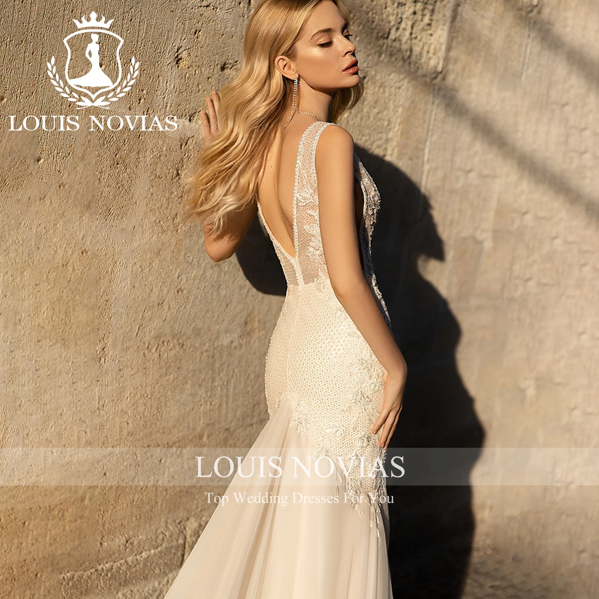 LOUIS NOVIAS 인어 웨딩 원피스, 딥 브이넥 아플리케 구슬 장식, 반투명 매력적인 웨딩 가운, 2023