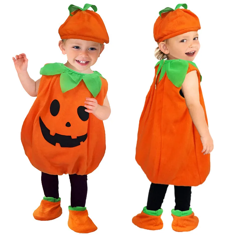 Toddler Baby Orange Pumpkin Cosplay Outfit Full Set Hat and Foot Covers for Halloween Carnival Birthday Party Stage Fancy Dress