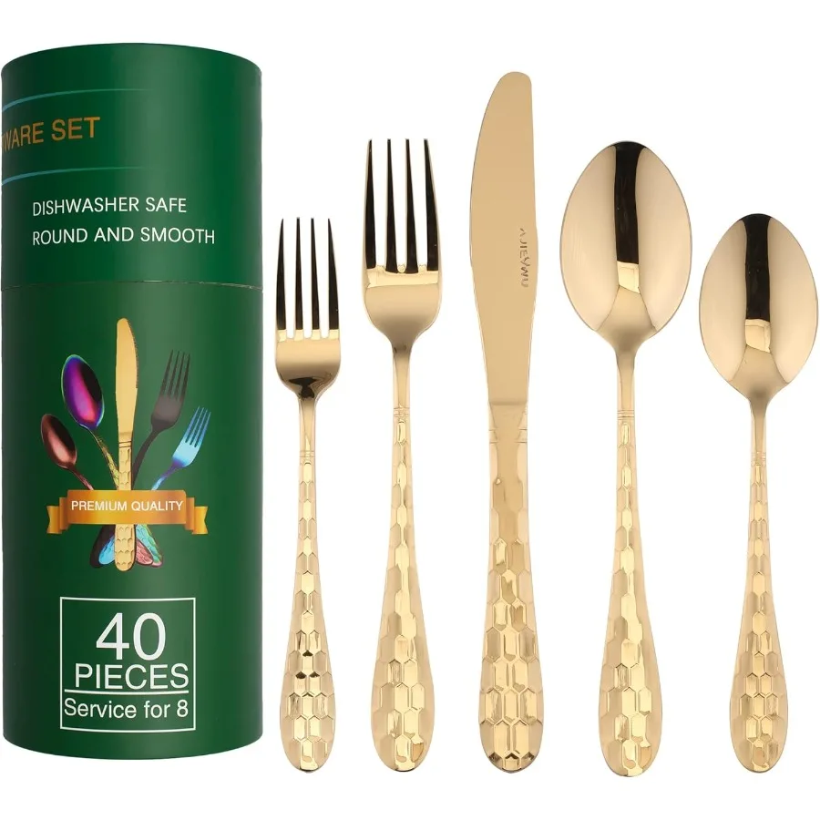 

Gold Silverware Set for 8, 40-Piece Flatware Set Stainless Steel with Titanium Colorful Plated Cutlery Kitchen Utensil Flatware
