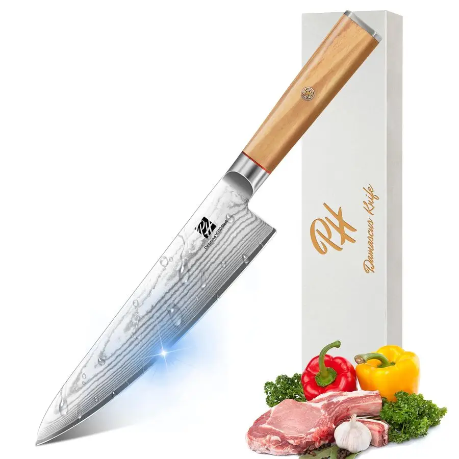 

Chef Knife, 8 Inch Damascus Japanese Chefs Knife with VG10 High Carbon Steel, Professional Kitchen Knife with Olive Wood Handle