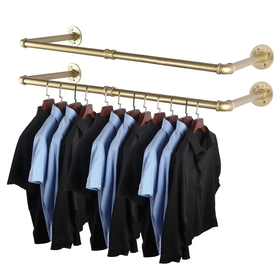 

2 Pack Industrial Pipe Clothes Rack Gold Wall Mounted Clothing Rack for Hanging Clothes 34.5 Inch MultiPurpose Garment Bar for W
