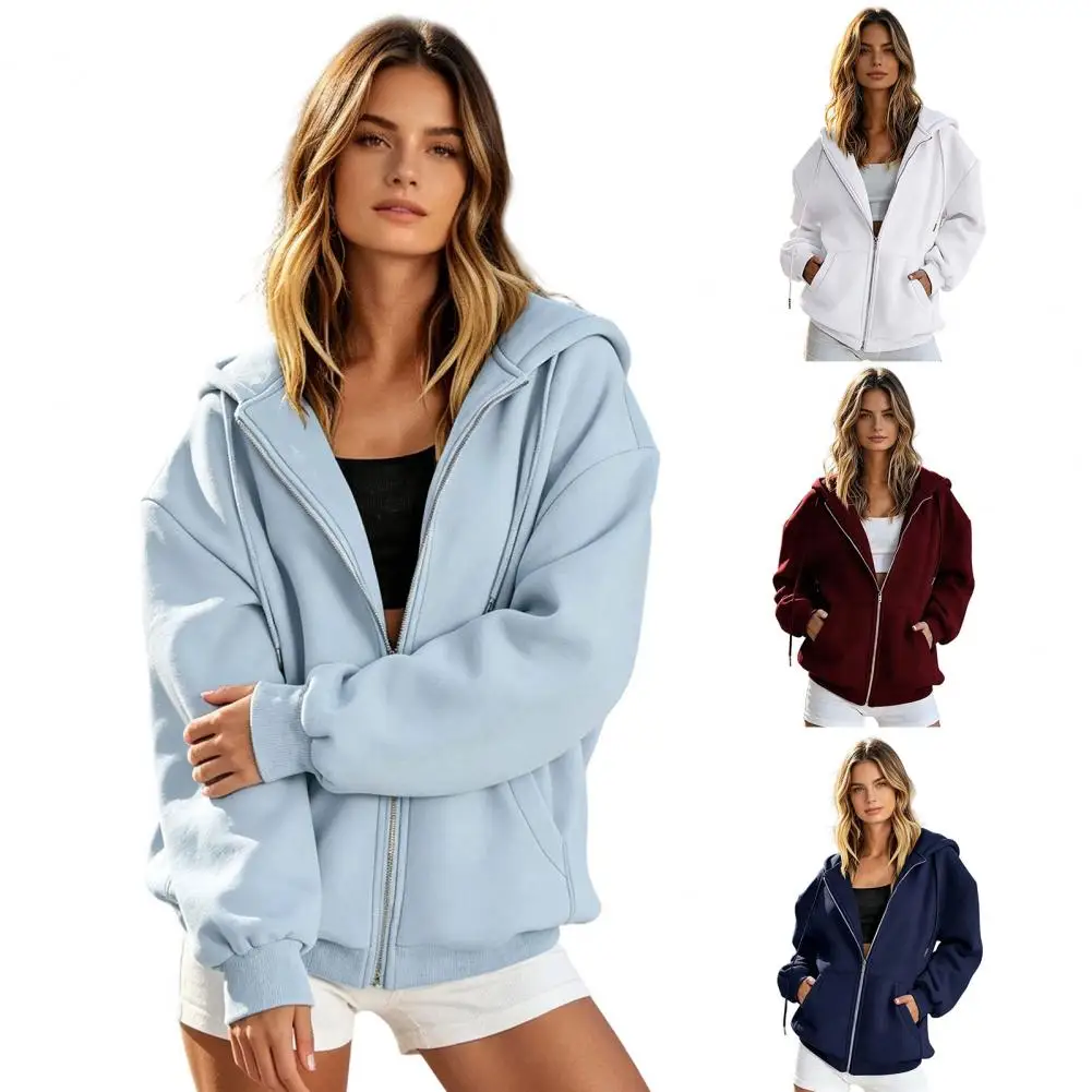 Long Sleeve Jackets Hooded Jacket with Pocket Women’s Zip-up Hoodie Jacket Loose Fit Drawstring Hooded Coat with for Fall