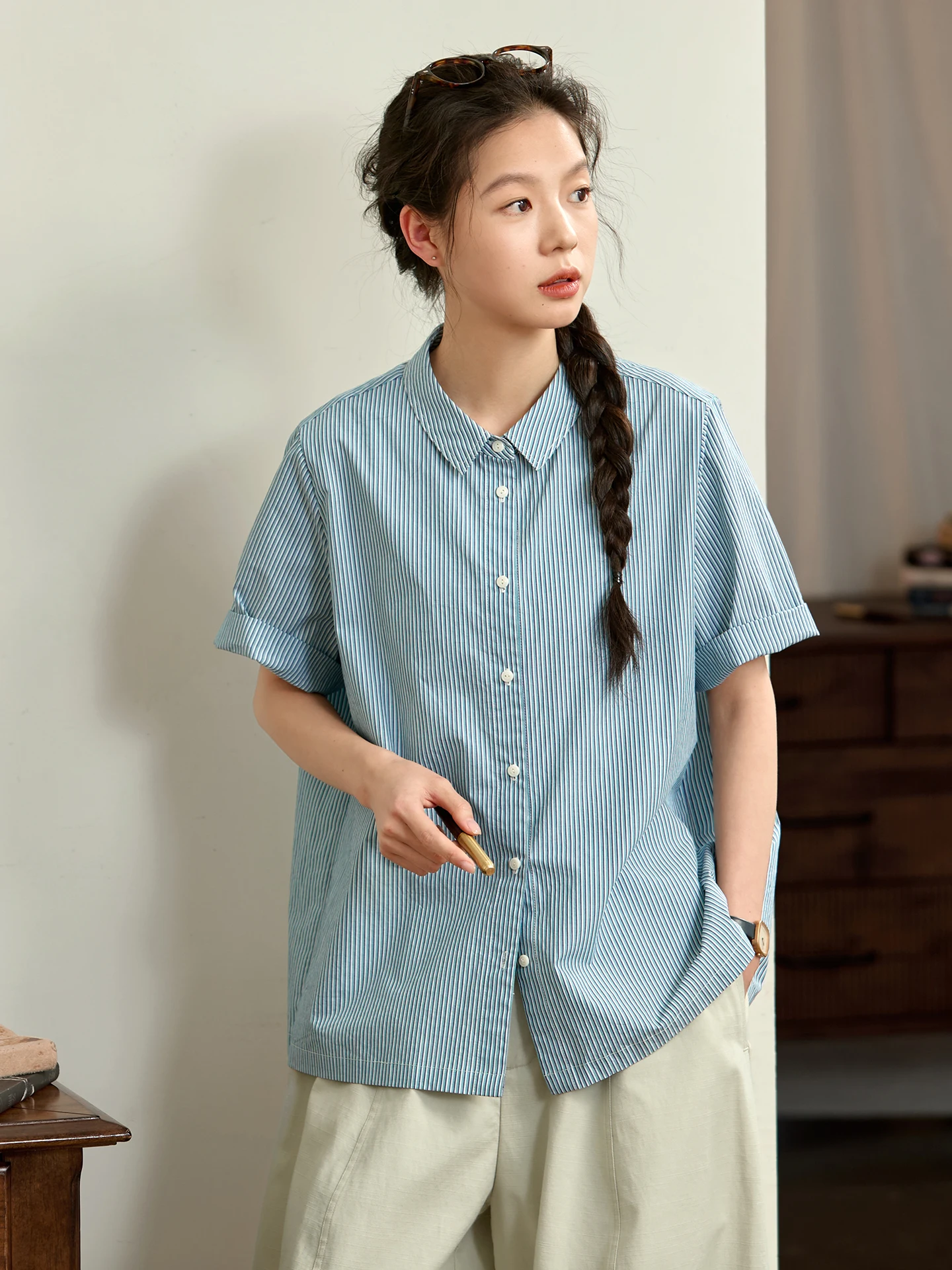 

Оригинальная женская рубашка в японском стиле из чистого хлопка в полоску, повседневная, свободного кроя, с коротким рукавом и отложным воротником, для лета и повседневной носки