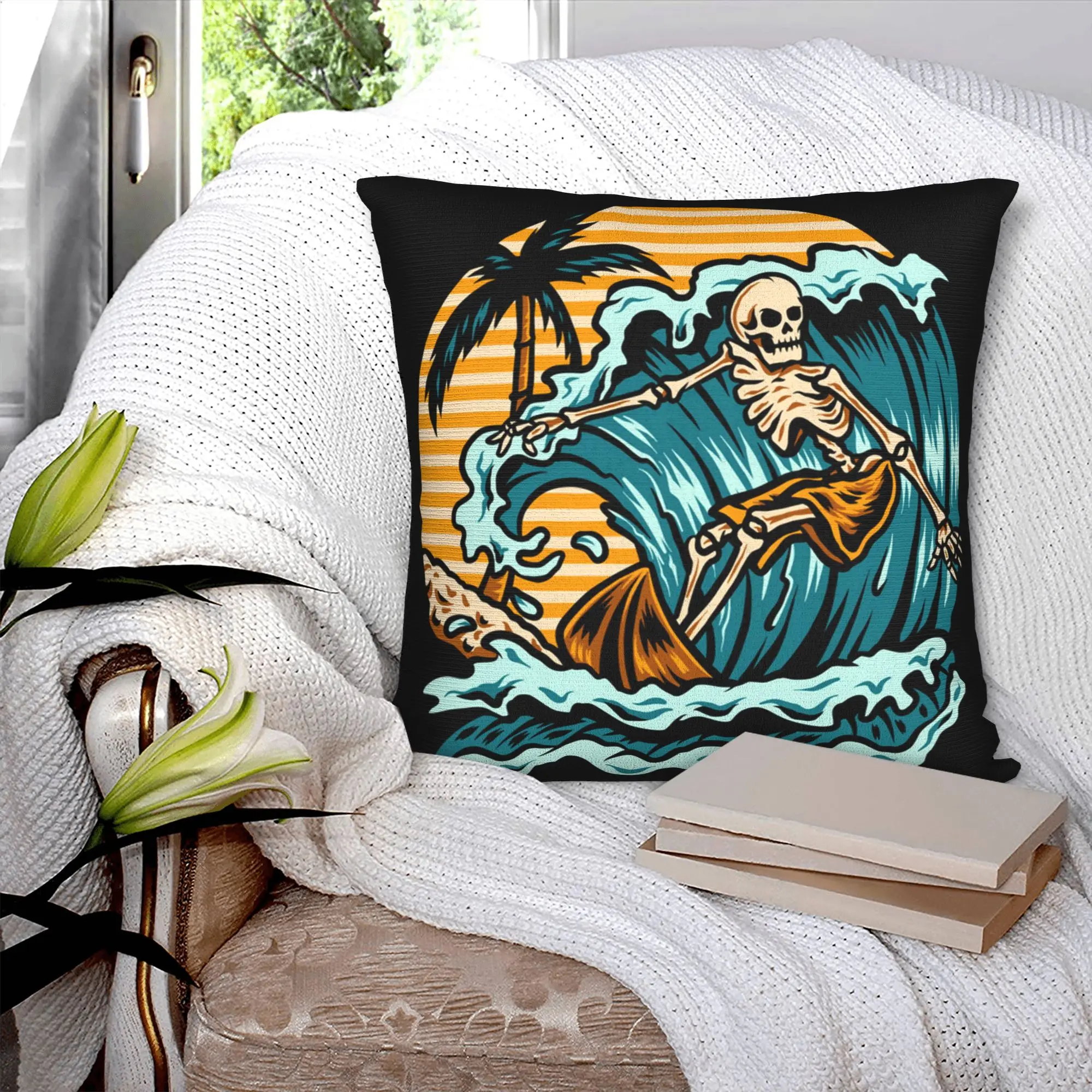 Summer Surfing Skull Pillow Case 45x45cm Sofa Surf Rider Modern Cushion Cover Soft Pillowcase