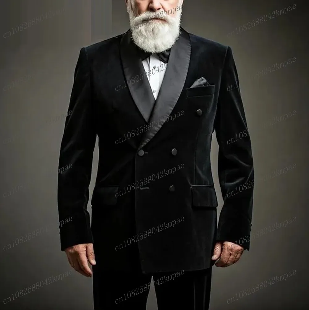 

New Black Velvet Men Suit Formal Business Groom Groomsman Wedding Party Prom Male Tuxedos 2 Piece Set Blazer Pants