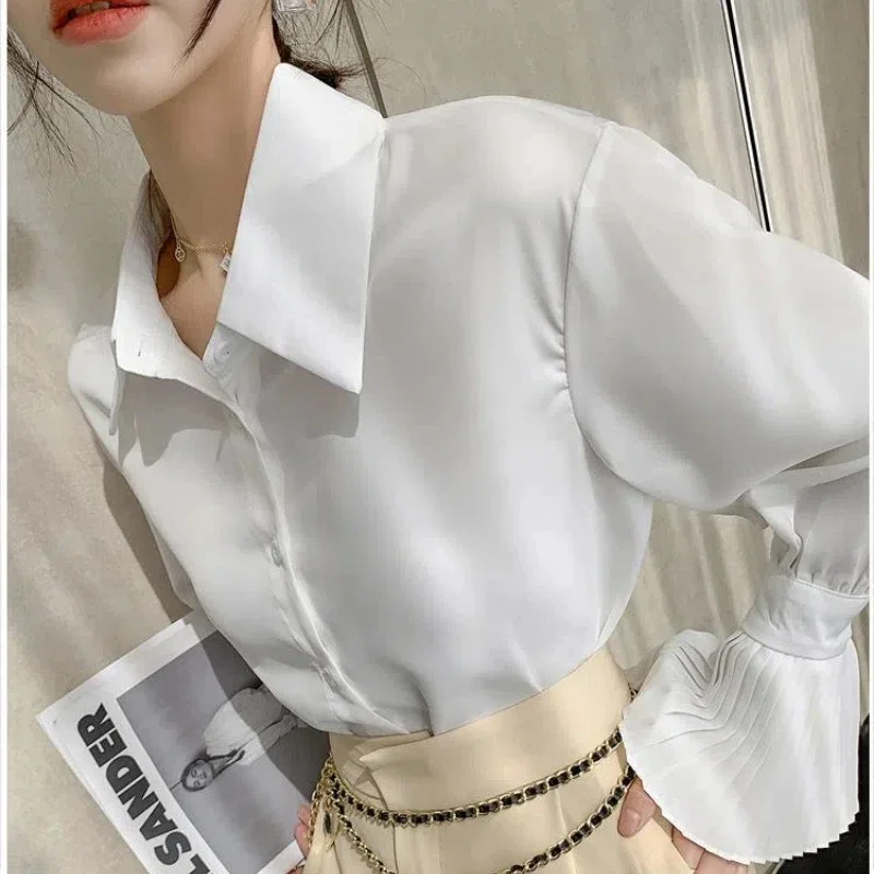 White Pleated Patchwork Loose Blouse Women Clothing Long Sleeve Polo Neck Solid Office Shirt Tops Fashion Korean Spring Autumn