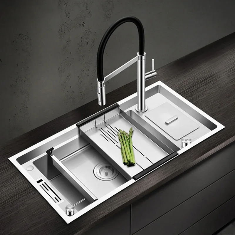 

ASRAS Large Size Kitchen Sink SUS 304 Stainless Steel 4mm Thickness Handmade Brushed 4 Hole Single Kitchen Sinks with Trash Can