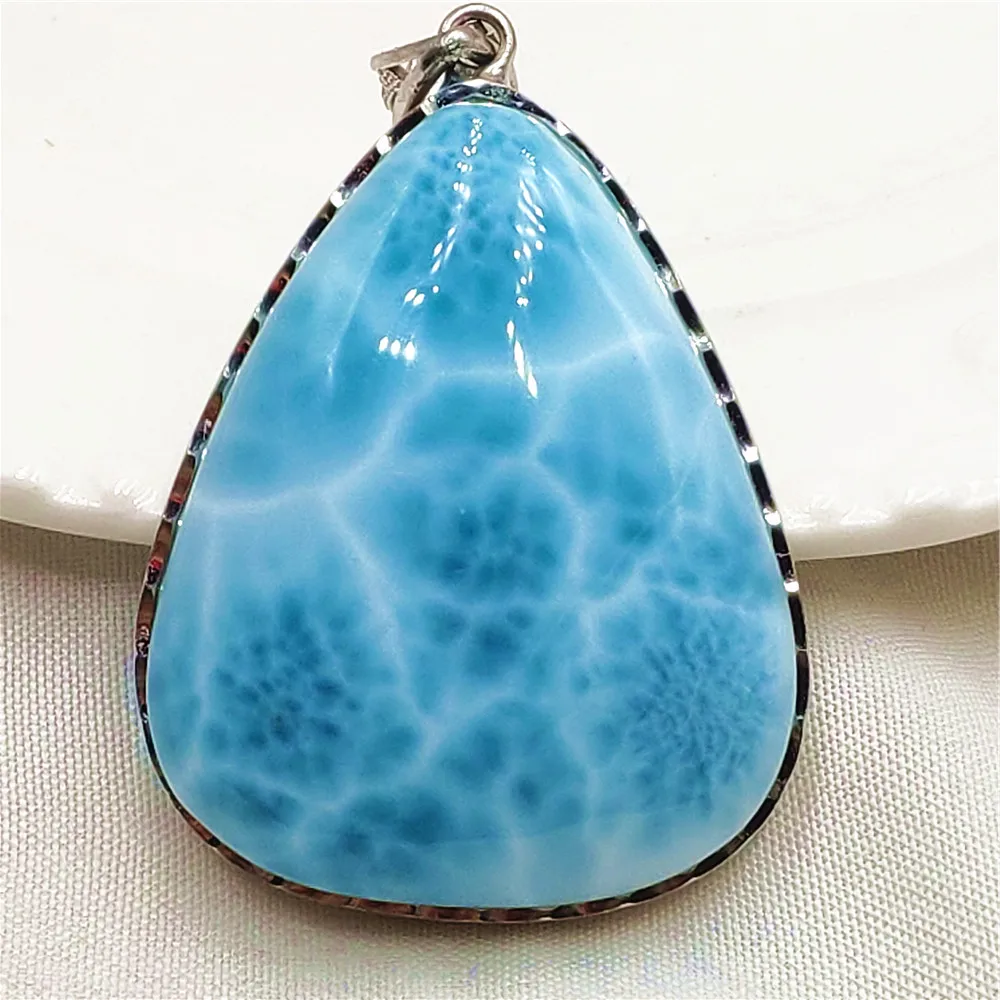 

Natural Blue Larimar Heart Pendant Women Men Water Pattern 35x28x9mm Crystal Love Necklace From Dominia AAAAAAA