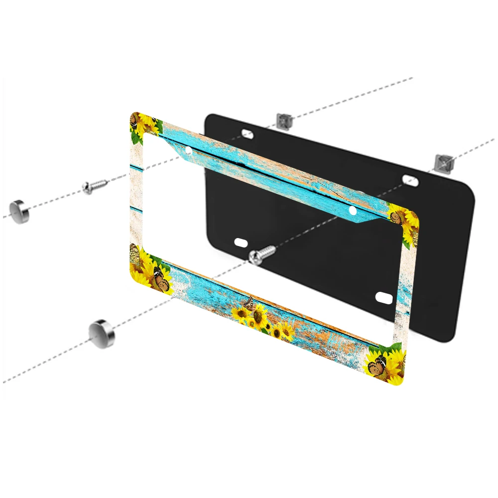 Bingkai Pelat Nomor 2 Lubang Pola Kayu Biru Vintage dengan Desain Kupu-kupu Bunga Matahari, Bahan Aluminium, 6x12 Inci