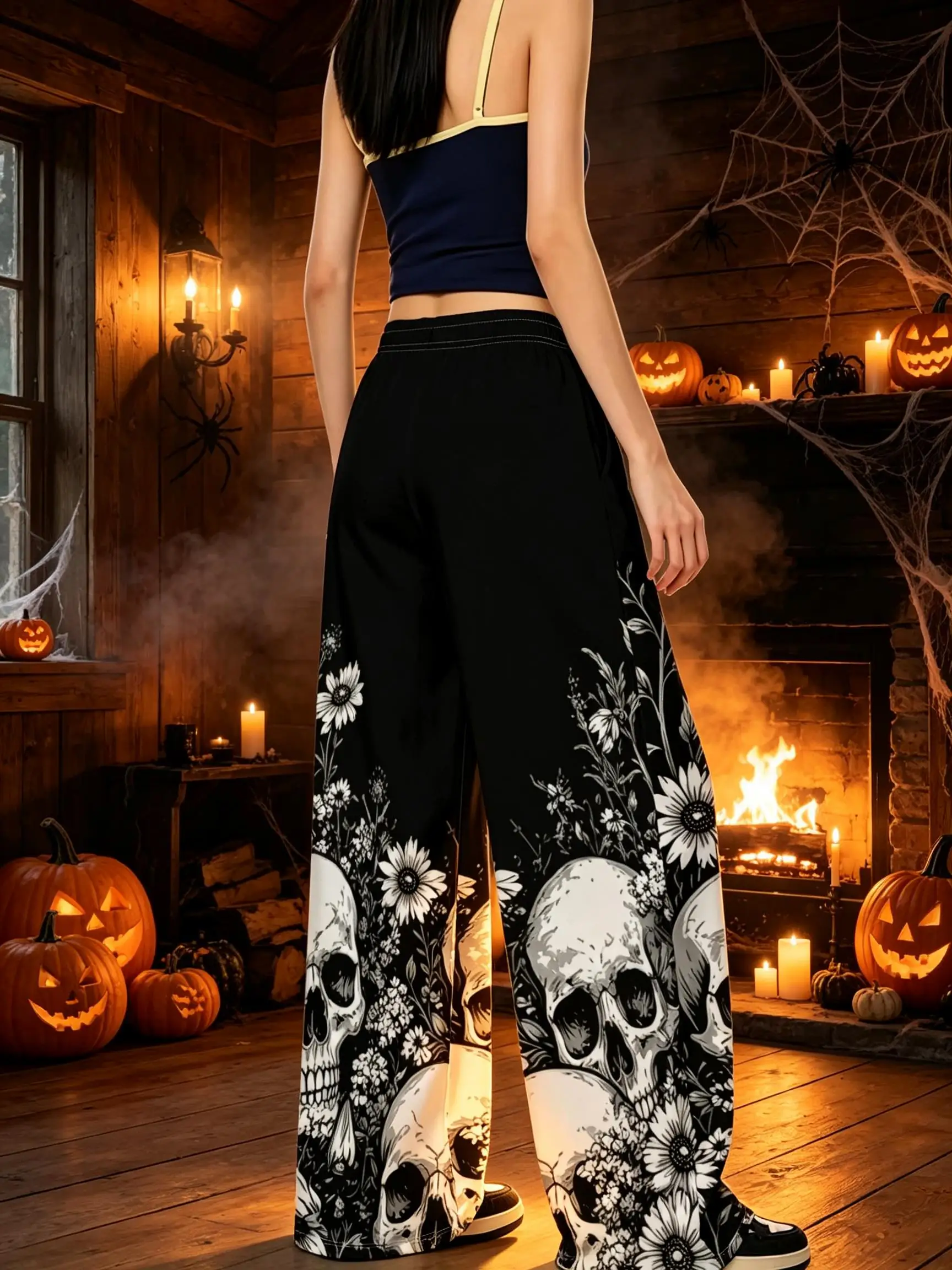 Women Halloween Wide Leg Pants Skull Floral Print Elastic Waist Loose Casual Trousers Party Outfit