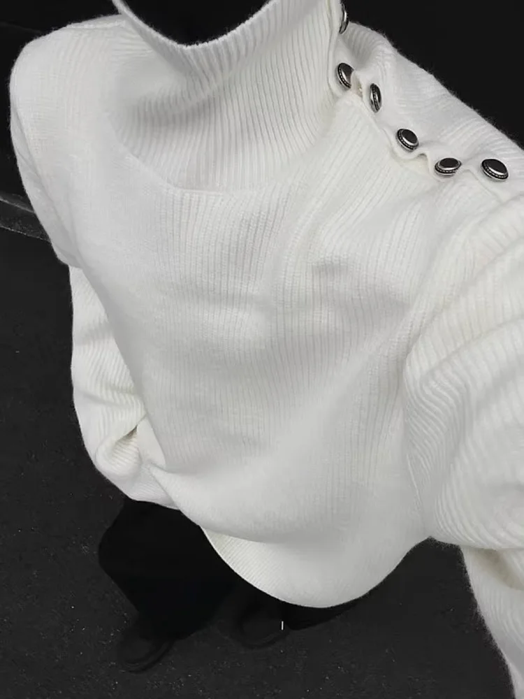 

Белый трикотаж с высоким воротником и пуговицами, мужской осенне-зимний модный корейский вязаный свитер свободного покроя