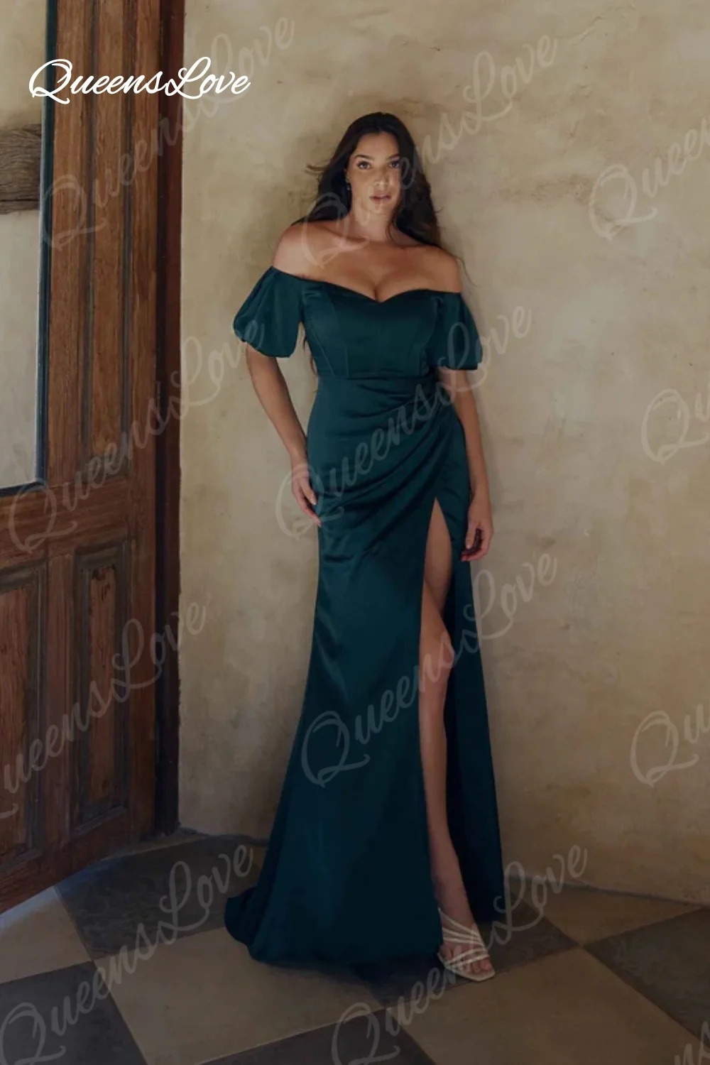 QueensLove Elegant Prom Dresses with High Slit Off Shoulder Satin Ruched Evening Dress Short Sleeves Wedding Guest Dress Custom