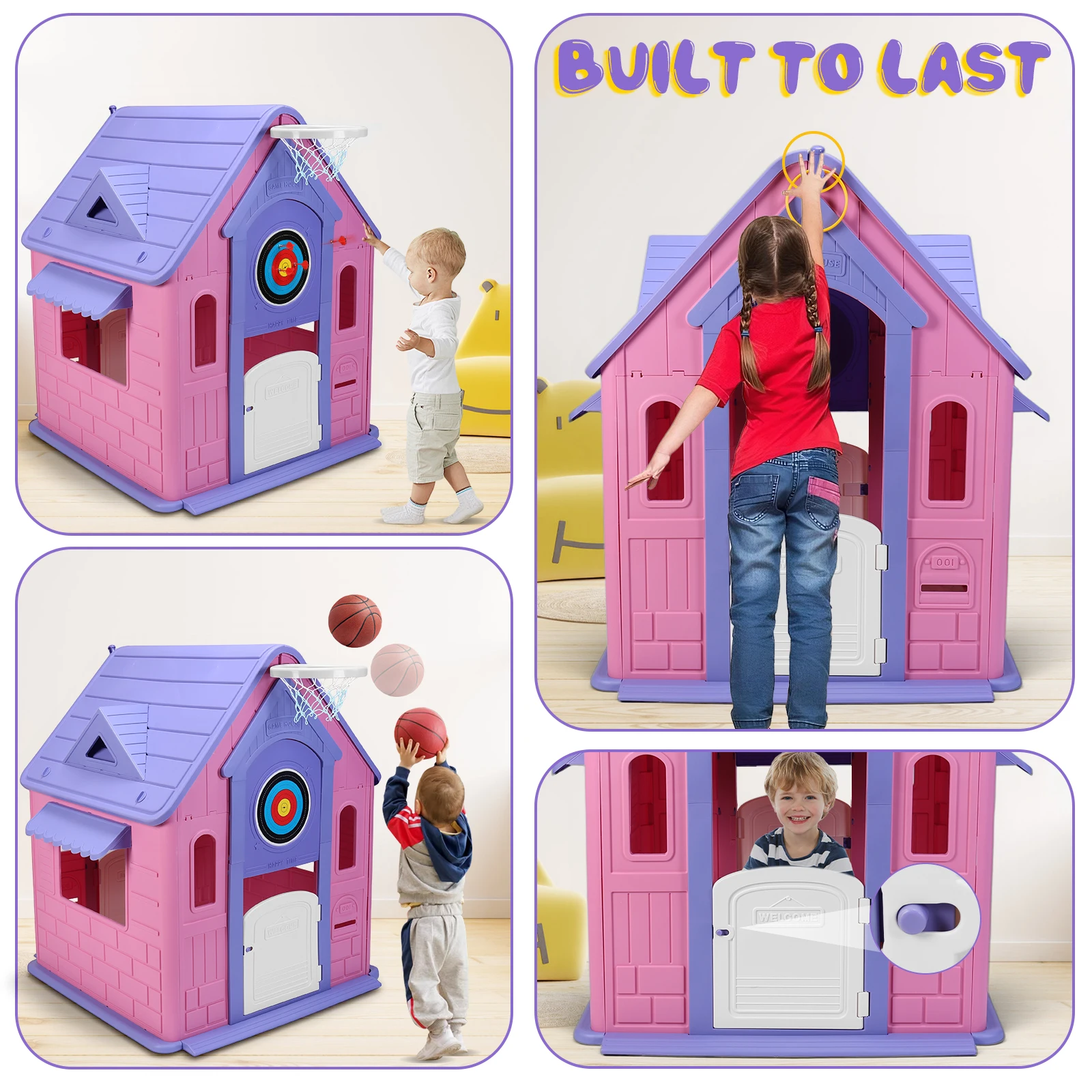 

Kids Playhouse with Basketball Hoop Dartboard Garden Games Cottage For Kids