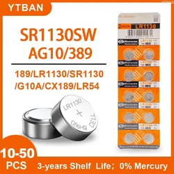 YTBNA 10-50PCS 1.5V LR1130 SR54 389 189 SR1130 D189 LR54 Button Batteries G10A SR1130SW Cell Coin Watch Toys Remote Battery