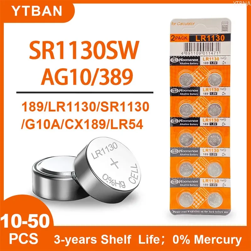 YTBNA 10-50PCS 1.5V LR1130 SR54 389 189 SR1130 D189 LR54 Button Batteries G10A SR1130SW Cell Coin Watch Toys Remote Battery