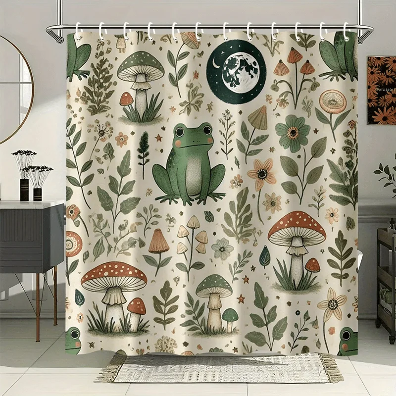 Cute Woodland Mushroom Forest Shower Curtain Botanical Bath Decor Green Frog Leaves Flowers Waterproof Curtain 180x180cm