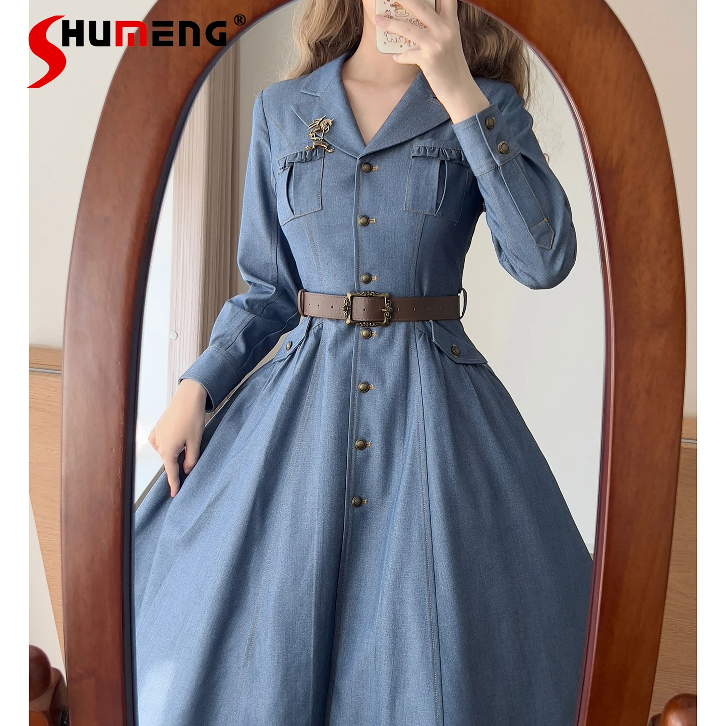 

Original American Retro Denim Dress 2025 Spring Summer Autumn Women's Slim Fit Elegant Lolita Dress College Style Sweet Dress OP