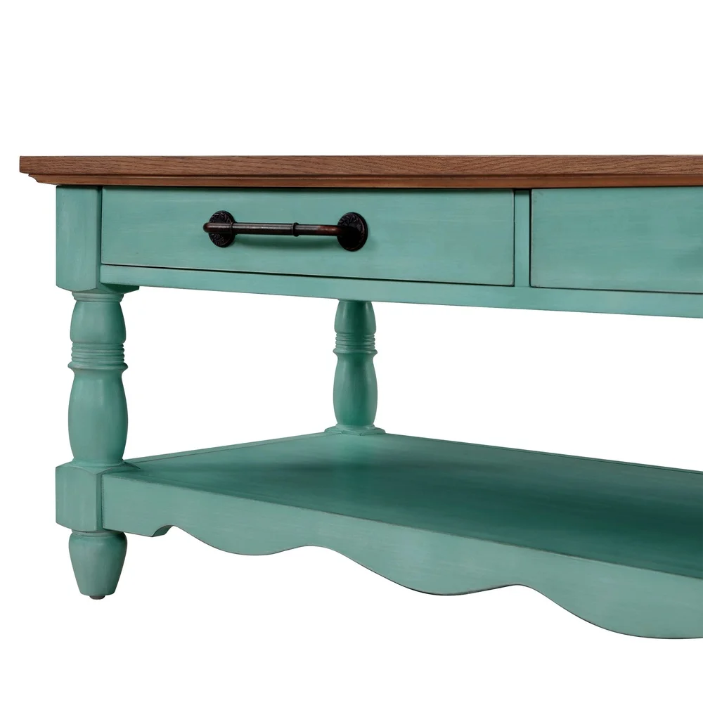 Solid Wood Coffee Table with Spacious Storage Shelf and Drawers Living Room Indoor Use Teal Finish Rectangle Design