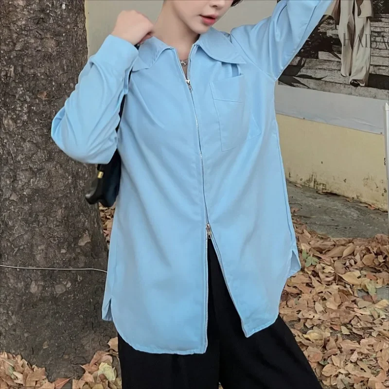 

Минималистичные женские рубашки с длинным рукавом на молнии, популярные нишевые рубашки с отложным воротником, корейский стиль, универсальные однотонные рубашки