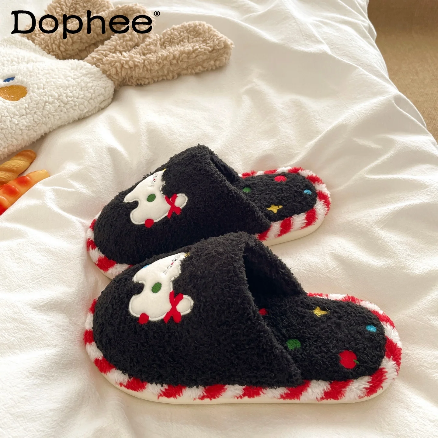 

Christmas Cartoon Cute Kitten Furry Slippers for Women Home Warm Indoor Winter Plush Cotton Slippers