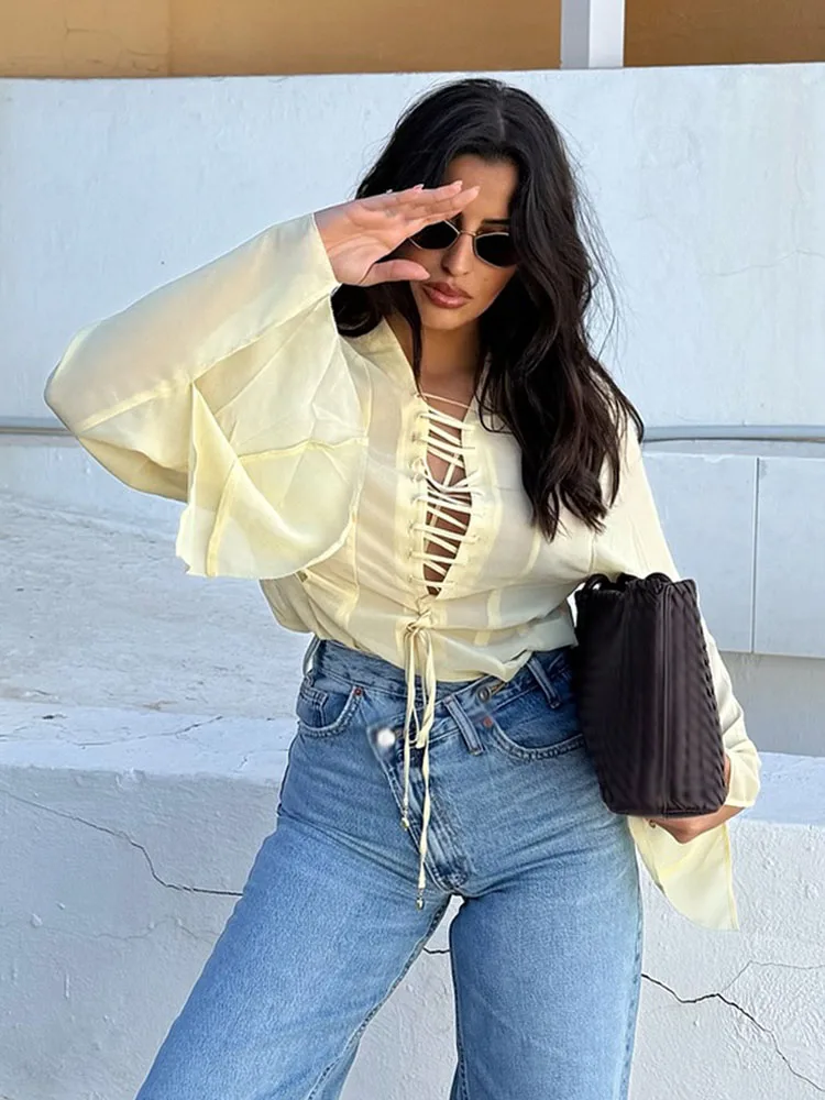 

TRAFZA Women's 2025 Summer Versatile V-neck Lace-up Decorative Chiffon Loose Shirt Female Thin Pullover Casual Long Sleeve Shirt