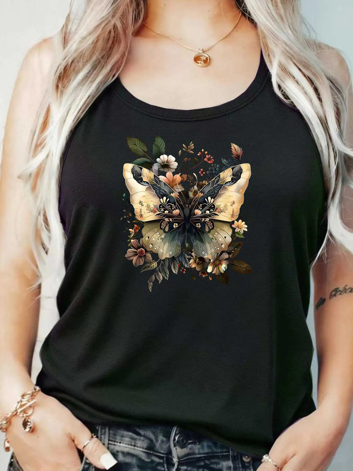 

Loose Fit Printed Pocket T-Shirt for Women with Ribbed Collar round Neck 1-8XL plus Size Comfortable Casual Vest