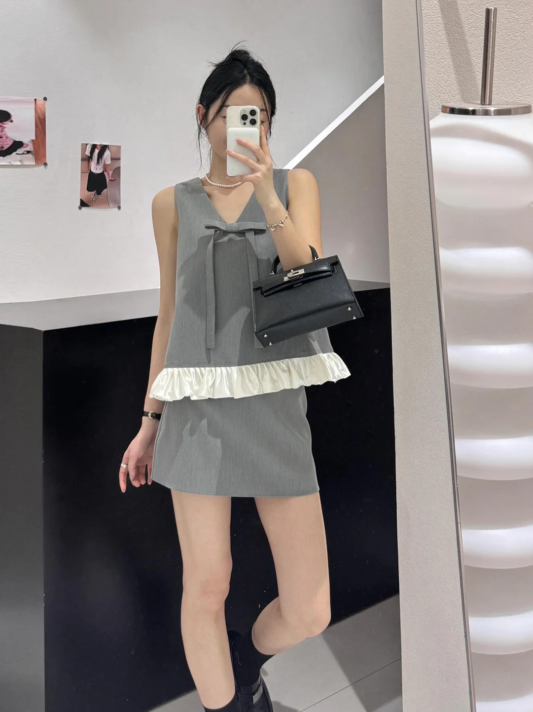 

Fashionable Grey Lace Vest Women's Summer New Style High Waist Skirt Set High Quality Elegant Trendy Two-Piece Suit for Adults