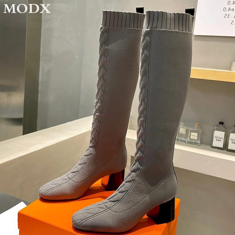 Knitted Square Head Stretch Sock Boots For Women Chunky Heel Slim Fashion All-match Knee-high Boots Luxury Brand Runway Shoes