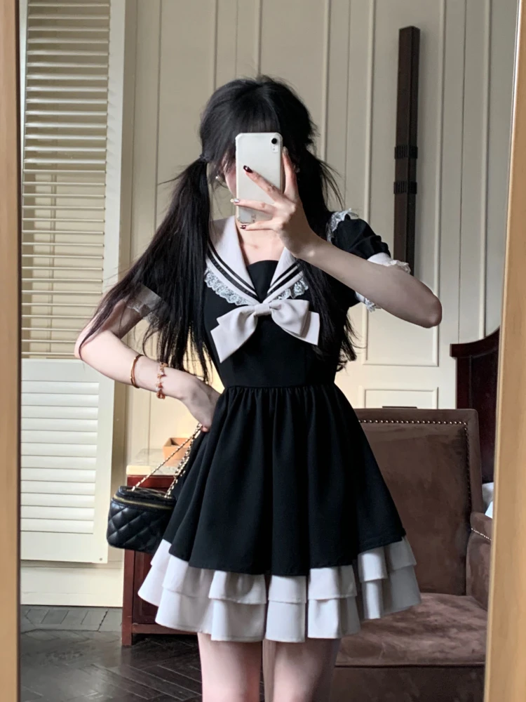 Черные клетчатые платья Harajuku Sweet Bow, универсальное облегающее платье Kawaii Lolita для женщин, осеннее новое платье с длинными рукавами, Vestidos De Mujer