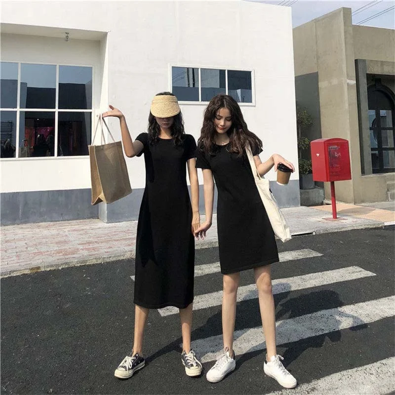 Spring Summer New Style Black Base Layer Midi Dress Women's Slimming Popular Short Sleeve round Neck City Walk Single Piece