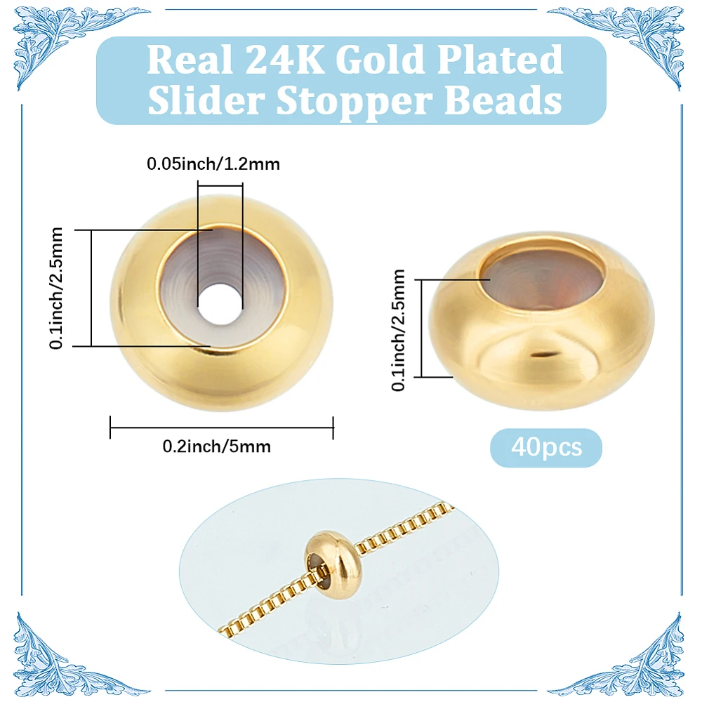 1 Box 40Pcs Round Spacer Beads 24K Gold Plated Brass 5mm Stopper Beads Slider Metal Loose Beads with Rubber Inside for Charm