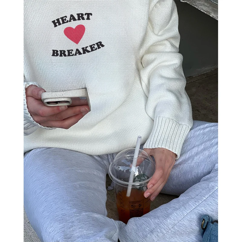 Casual Women's Long Sleeve Top Heart Breaker Letter Print Kintted Sweaters Harajuku Street Knitwear Couple Sweater Gothic Autumn