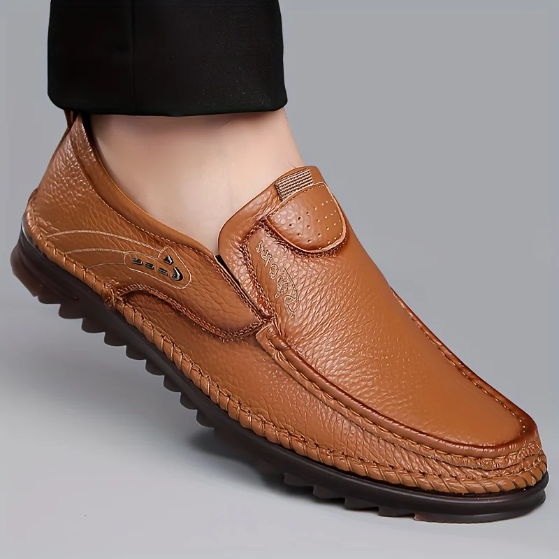 Classic Leather Loafers for Men - Elegant Beige Slip-On Shoes with Round Toe Ideal for Business and Casual Outfits