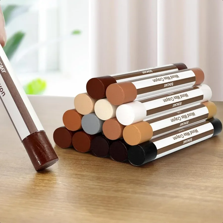 Palos de relleno de madera, crayones de cera de madera de 12 colores para reparar arañazos, grietas y agujeros para clavos en muebles de madera, cabina de suelos