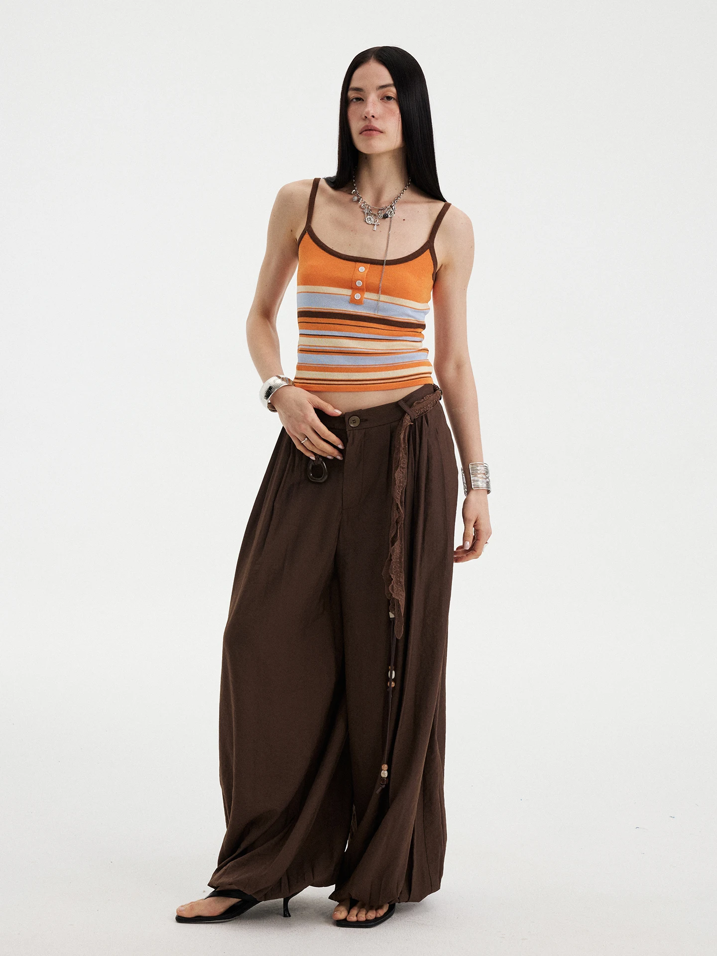 DIDDI MODA Women's Slim Fit Striped Knitted Vest Summer Outerwear Orange Coffee Color Strapless Tank Top New 2026