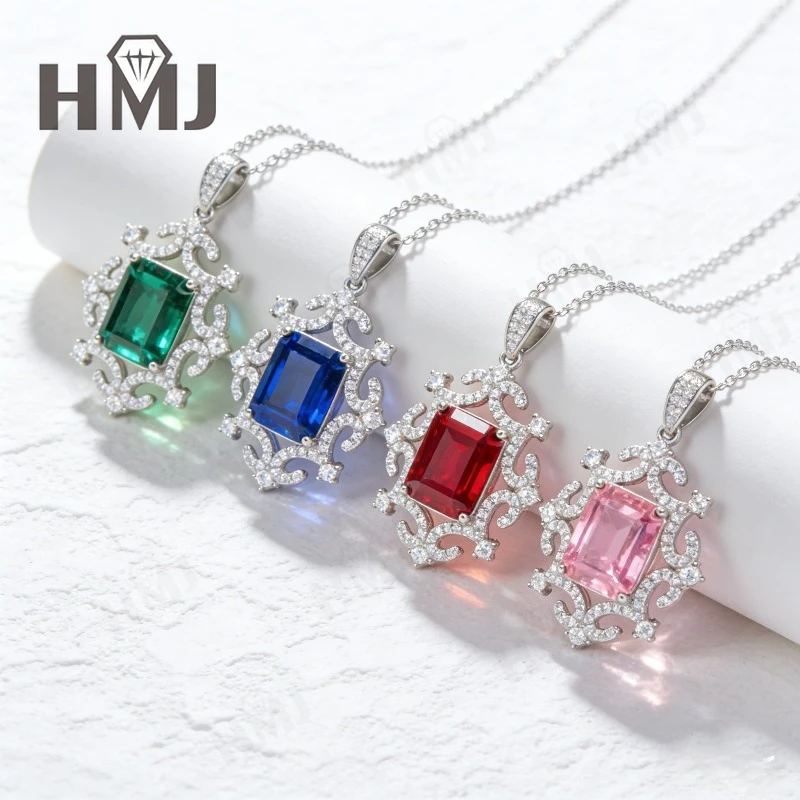 

Lab Grown Columbia Emerald Ruby Sapphire Padparadscha Emerald Cut Necklace White Gold Fine Jewelry Gift for Her Anniversary