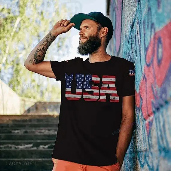 

American Flag T-Shirt Men July 4th Patriotic USA Stars and Stripes Tee Defend The Police Sayings Graphic Tee Tops Men Clothing