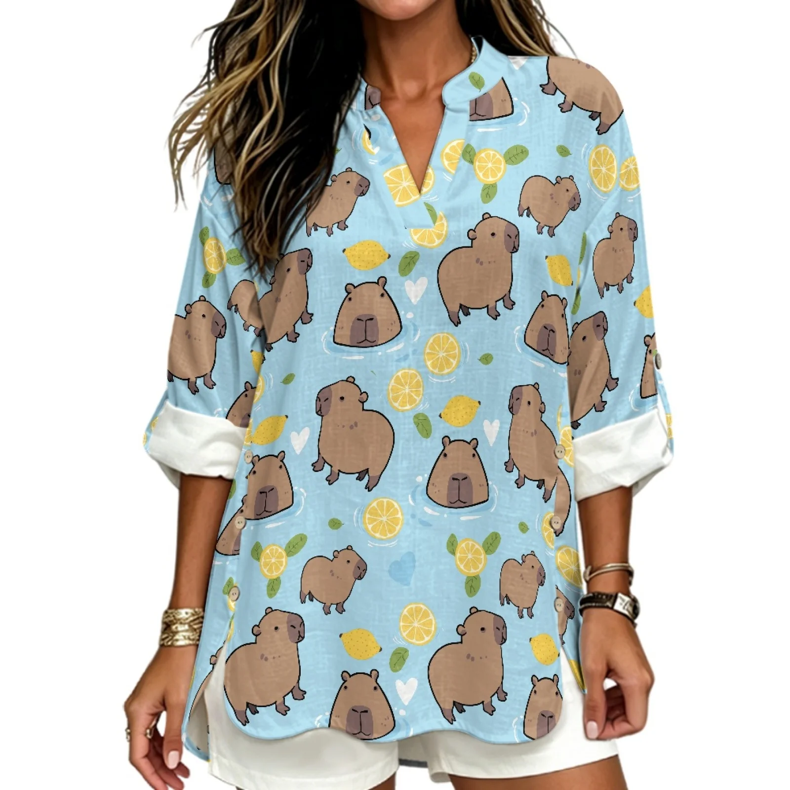 PENSTROLL Lemon-Float-Capybara Linen Like Tunic Top for Everyday Wear Casual Fit Long Sleeve Blouses Casual Blouses