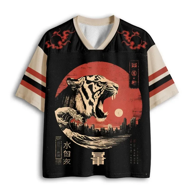 Summer Hot Selling Retro Fun Tiger Print V-neck Y2K Fashion Jersey for Adults and Children Plus Size Casual Sports T-shirt